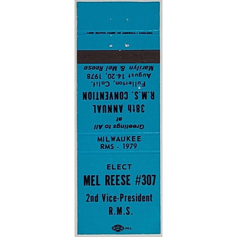 Vintage Matchbook Cover RMS 1979 Milwaukee Mel Reese Convention Election Blue
